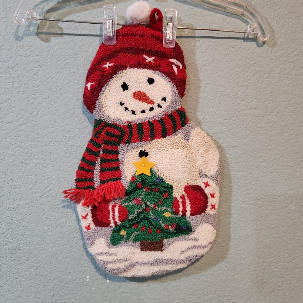 Vtg Needlepoint Crewel Latch Hook Christmas Gift Sack Snowman Frosty Wool Stocki